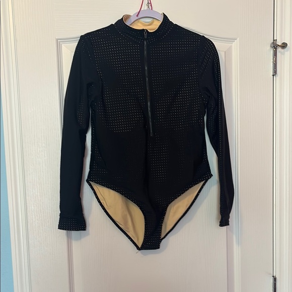 Fabletics Black and Tan One Piece Swimsuit with Zip Front - Picture 2 of 11